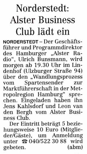 Zeitungsbericht Sonntags Anzeiger: Norderstedt: Alster Business Club lädt ein